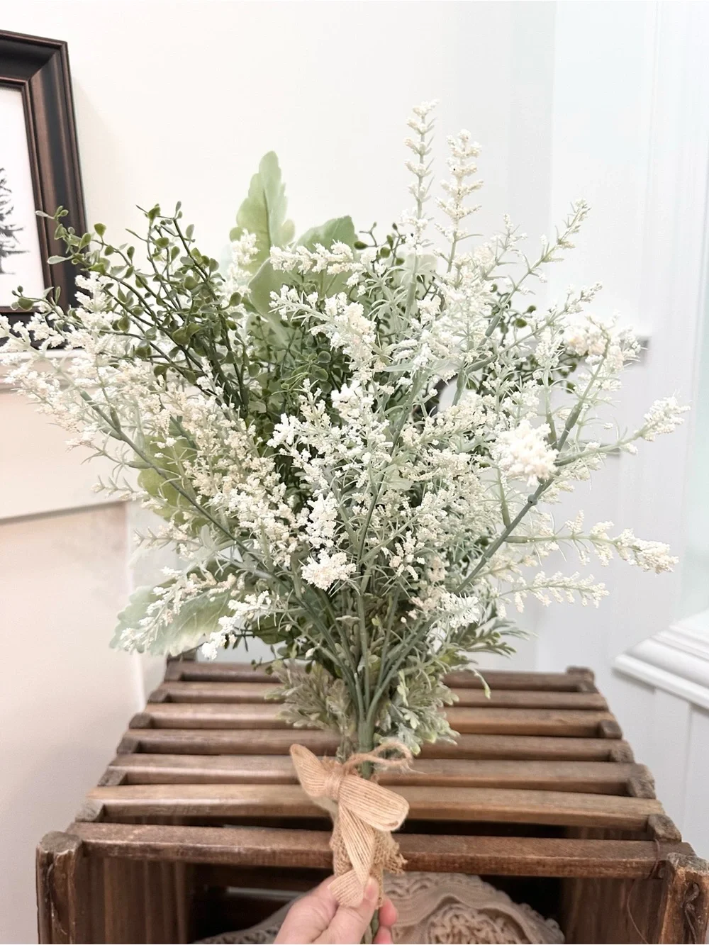 White and Sage Green Faux Floral Bouquet Arrangement Foliage Burlap Tie